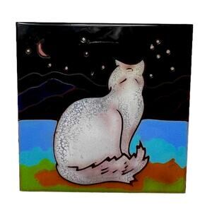 Trivet Art Tile White Cat Looking at Moon Stars Mountains Lake Made in Italy NEW